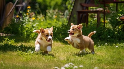Playful puppies chase their tails with boundless energy and excitement. Their wagging tails and joyful barks fill the air with happiness. Generated by AI.
