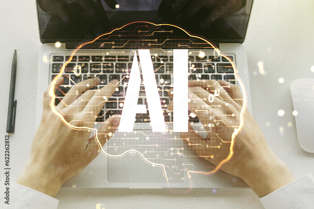 Poster double exposure of creative human brain microcircuit with hand typing on computer keyboard on backgr