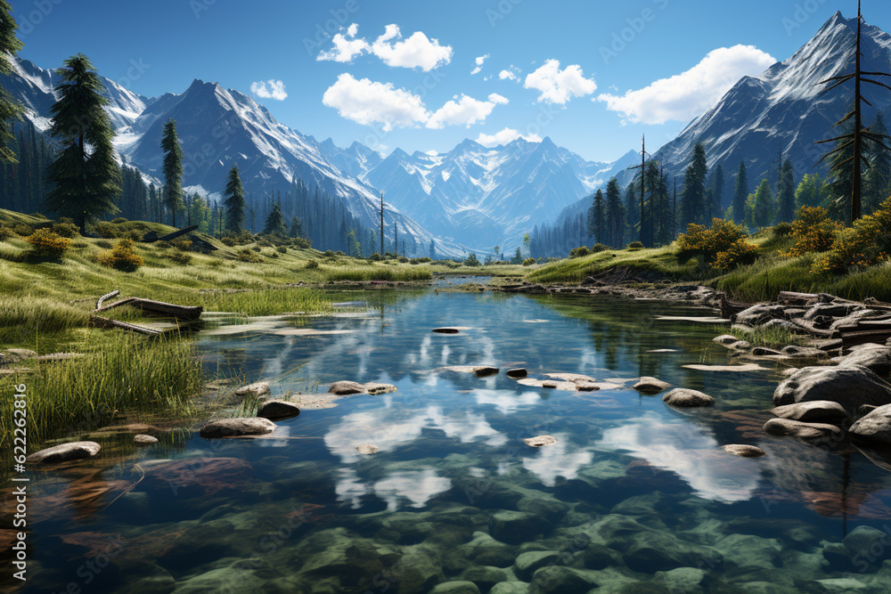 Poster a serene lake nestled between towering mountains, with a mirror-like surface reflecting the surround