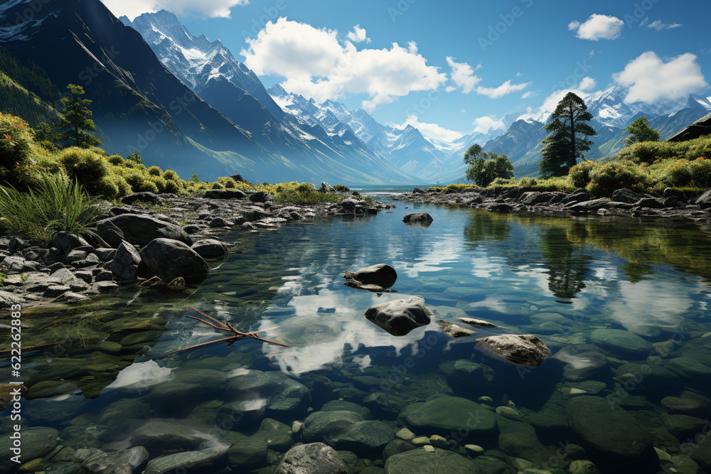 Poster a serene lake nestled between towering mountains, with a mirror-like surface reflecting the surround