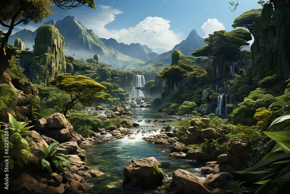 Aufkleber A cascading waterfall in a lush rainforest, surrounded by lush vegetation and creating a mesmerizing display of water and mist. Generative AI technology.