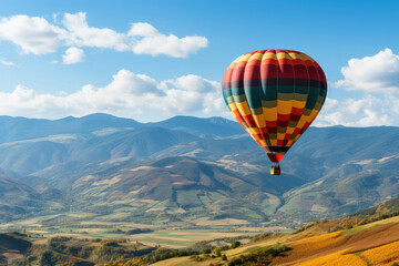 Fototapeta premium A hot air balloon soaring over a picturesque vineyard during harvest season, with grape clusters hanging from the vines, winemakers at work, and a warm autumn color palette