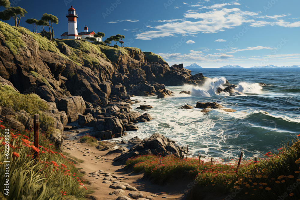 Poster a serene coastal cliff, with waves crashing against the rocks and a distant lighthouse standing tall