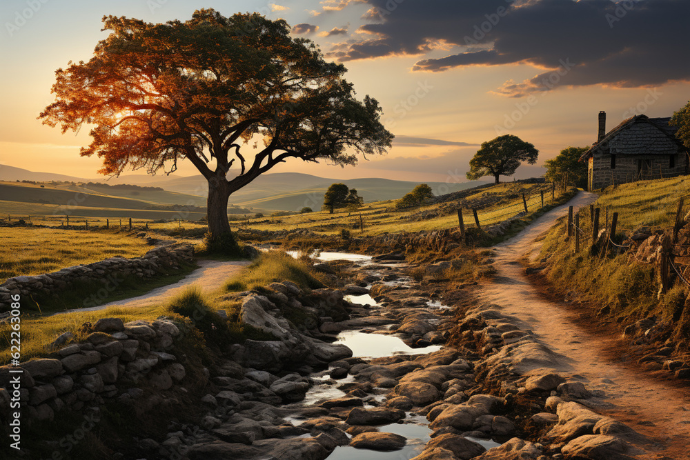 Poster A serene countryside scene during sunset, with soft golden light bathing the fields and casting long shadows from the trees.  Generative AI technology.