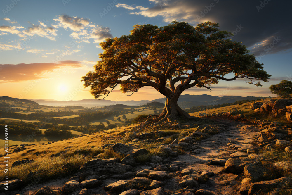 Poster A serene countryside scene during sunset, with soft golden light bathing the fields and casting long shadows from the trees.  Generative AI technology.