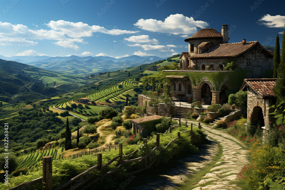 Aufkleber a picturesque vineyard, with rows of lush green grapevines stretching into the distance, accompanied
