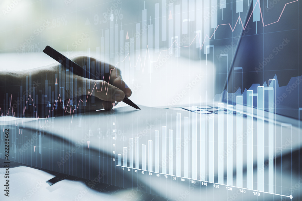 Poster multi exposure of abstract financial diagram with hand writing in notepad on background, banking and