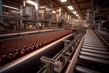 Fototapeta premium Chocolate factory with conveyor belts of chocolate bars. AI generated