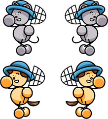 虫取り網を持つわんまるとにゃんまるのイラストセット　犬　猫