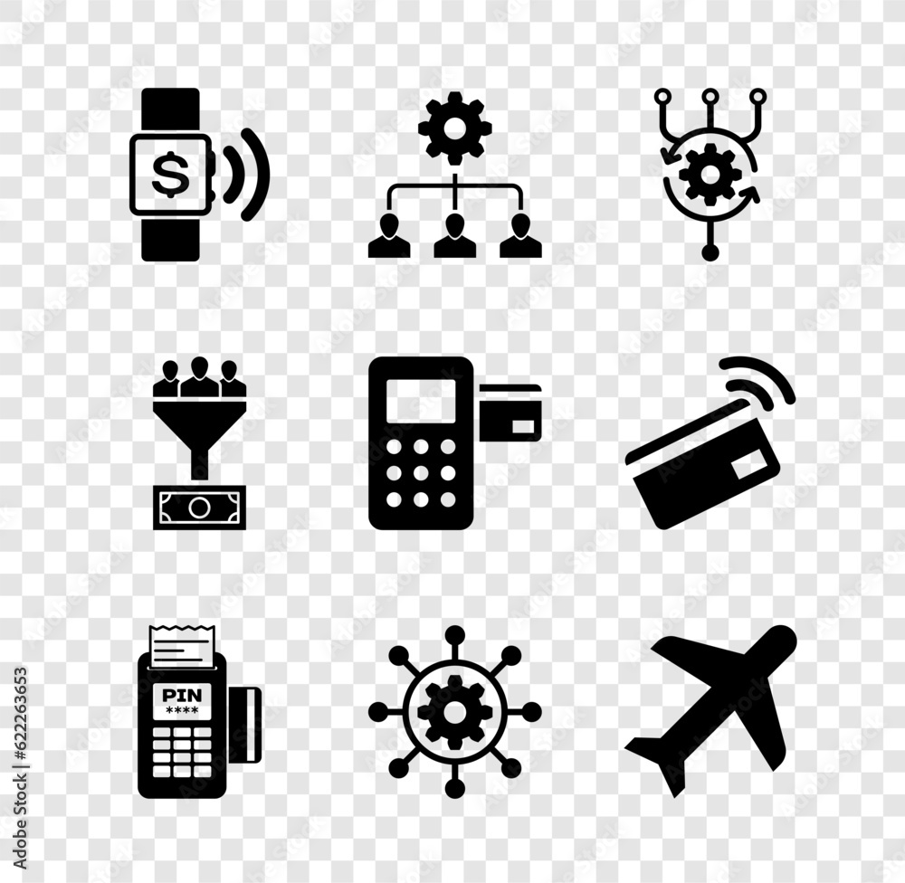Poster set contactless payment, lead management, algorithm, pos terminal, project and plane icon. vector