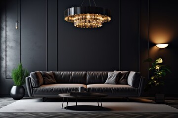 Dark living room interior with luxury gray sofa. AI generated