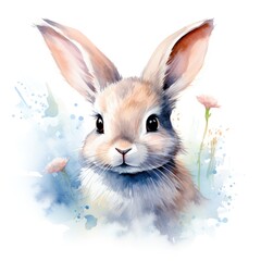 Watercolor painting of a cute rabbit with flowers at springtime Generative AI Illustration