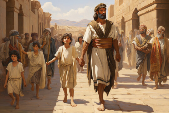 Illustration of Jacob and his family walking in the streets of Egypt Generative AI
