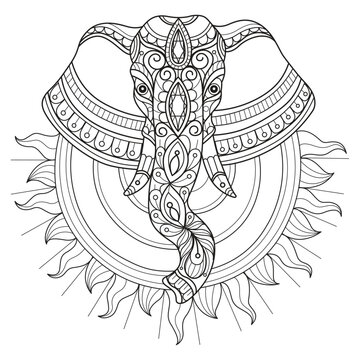Sun and elephant hand drawn for adult coloring book