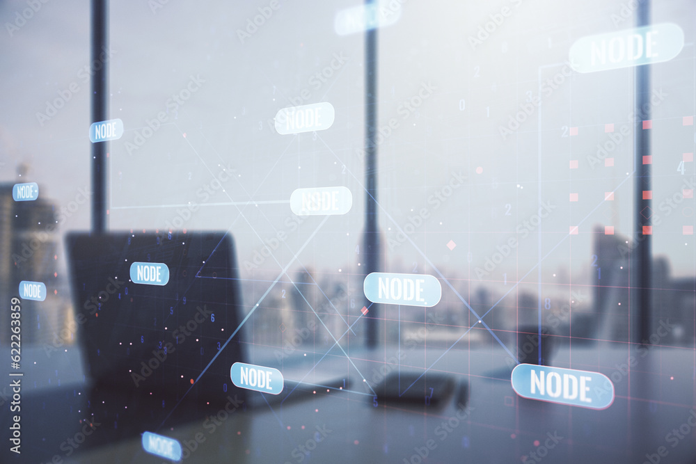 Poster double exposure of abstract creative programming illustration and modern desk with computer on backg