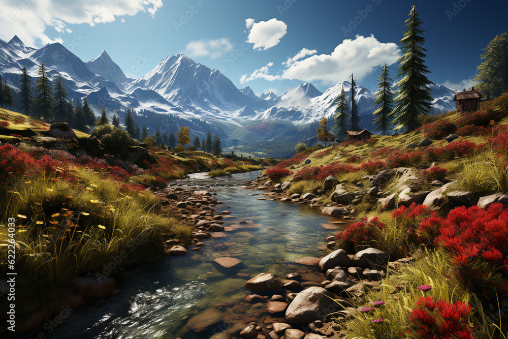 Poster a serene alpine meadow, with snow-capped mountains in the background and a carpet of colorful wildfl