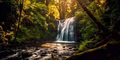 Cascading waterfall hidden within a dense forest, sunlight peeking through the tree Generative AI