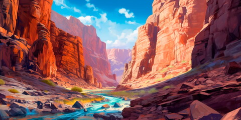 Majestic canyon with steep cliffs, winding rivers, and layers of colorful rock formations . Generative AI