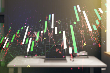 Multi exposure of abstract financial graph and modern desktop with pc on background, financial and trading concept