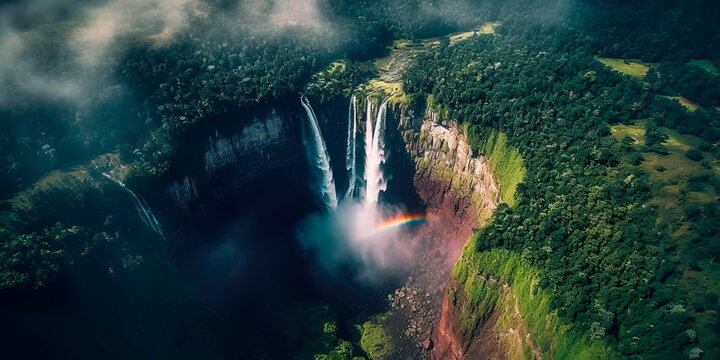 dramatic aerial view of a majestic waterfall cascading down a steep cliff, surrounded by lush vegetation and misty rainbows in the spray. Generative AI