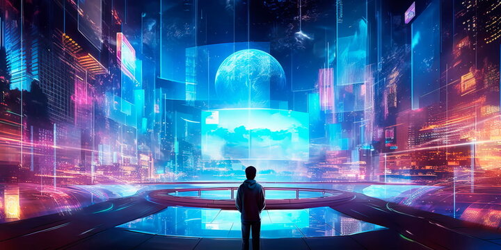 landscape with holographic displays and interactive interfaces, depicting a world driven by cutting-edge advancements. Generative AI