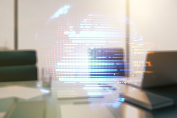 Abstract creative coding concept with world map and modern desktop with computer on background. Multiexposure
