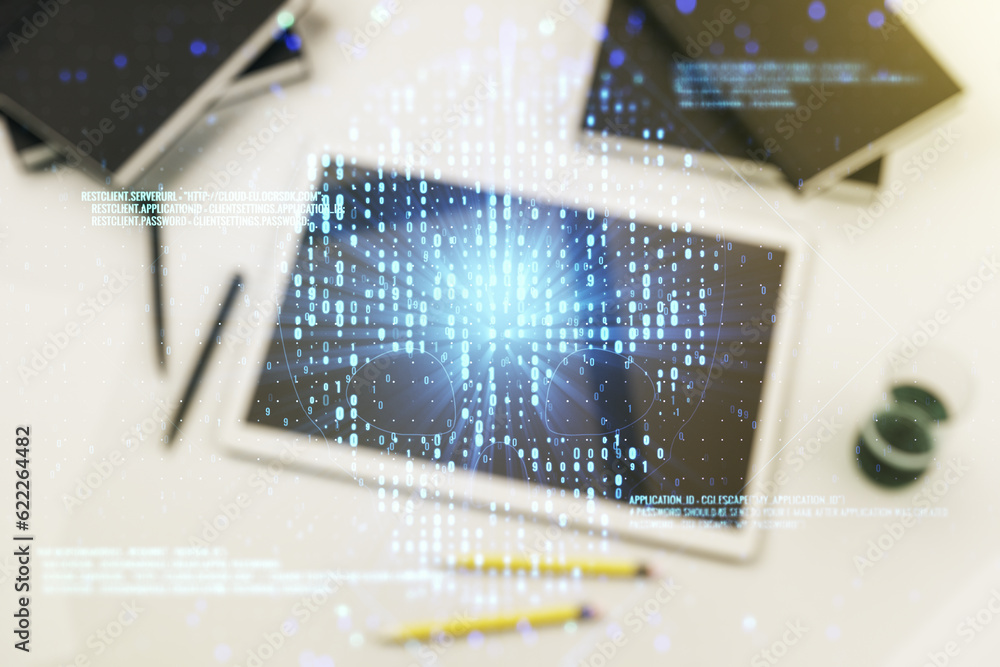 Poster creative code skull hologram and modern digital tablet on desktop on background, top view, cybercrim