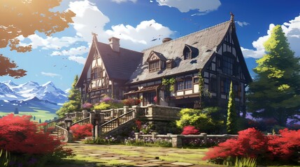 Church in the village of the country. AI generated art illustration.