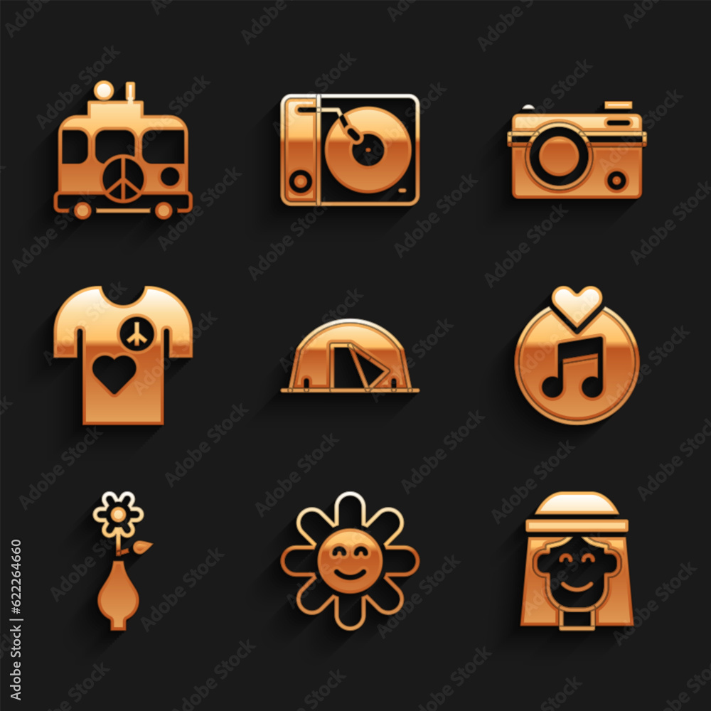 Sticker Set Tourist tent, Flower, Hippie girl, Vinyl disk, vase, Peace t-shirt print stamp, Photo camera and camper van icon. Vector