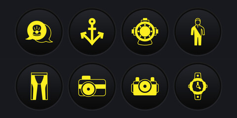 Set Wetsuit for scuba diving, Photo camera diver, Aqualung, Anchor, Diving watch and Scallop sea shell icon. Vector