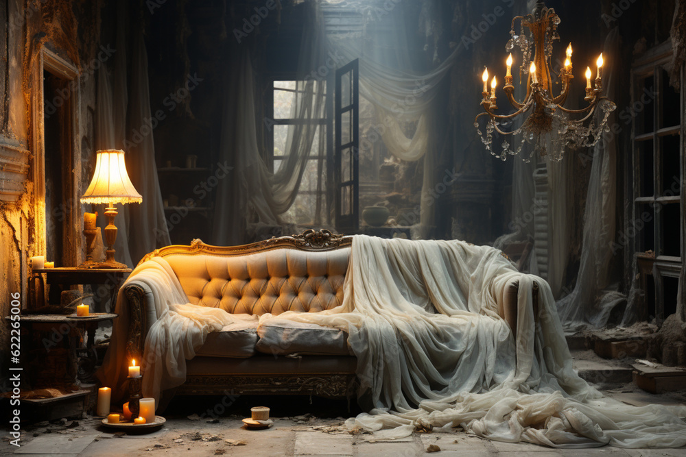 Poster a ghostly apparition floating through a decrepit mansion, with tattered curtains and broken furnitur