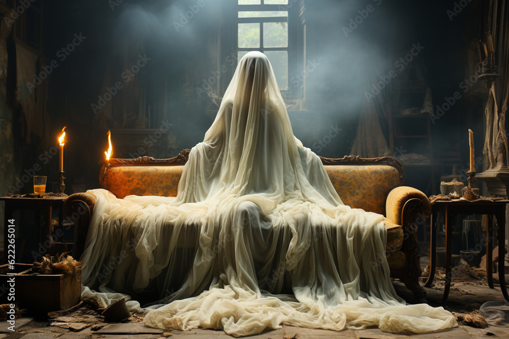 Poster a ghostly apparition floating through a decrepit mansion, with tattered curtains and broken furnitur