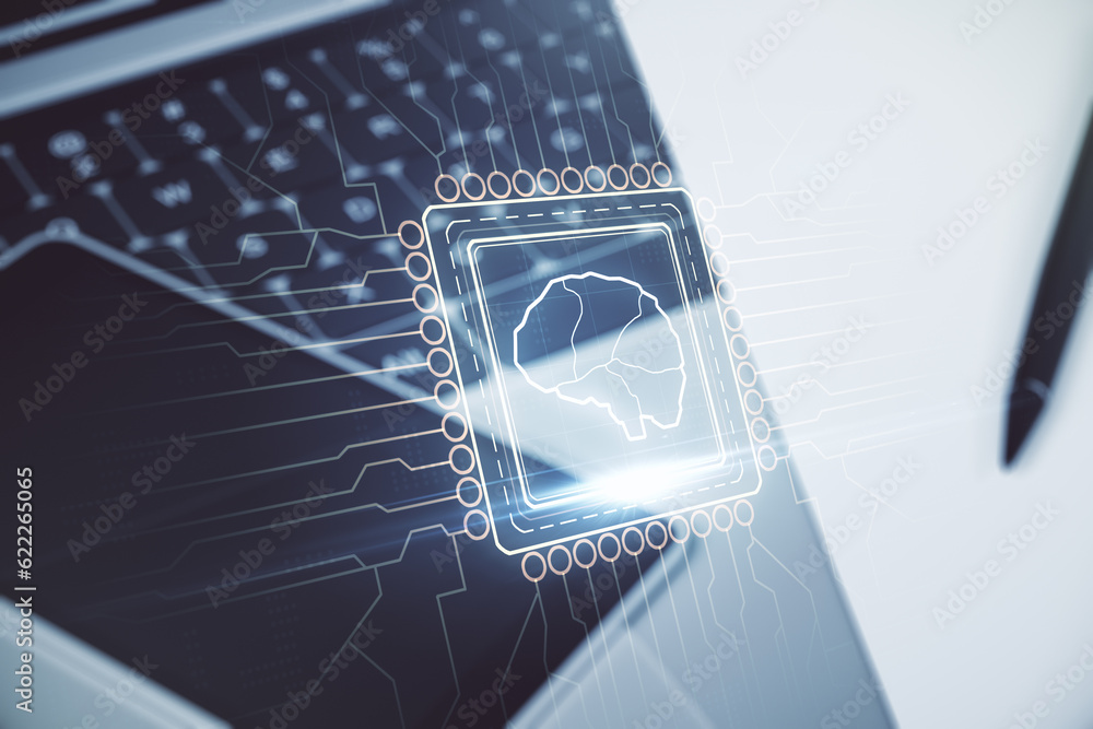 Aufkleber double exposure of creative artificial intelligence symbol with modern laptop on background. neural 