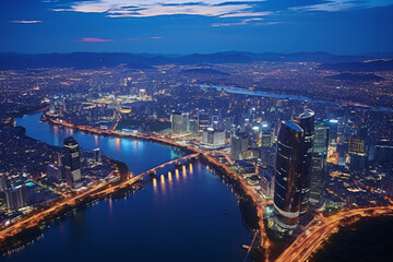 Fototapeta na wymiar Aerial view of the capital at night, city skyline, illuminated city lights