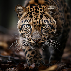 A leopard is walking through the leaves and is looking at the camera.