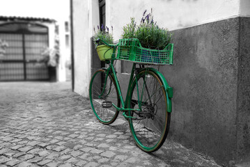 Narrow street with an old bicycle. Flower pot idea
