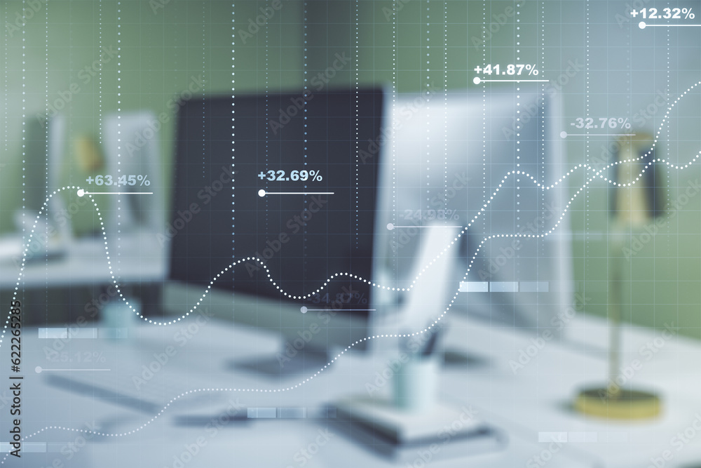 Aufkleber multi exposure of abstract graphic data spreadsheet sketch on modern computer background, analytics 