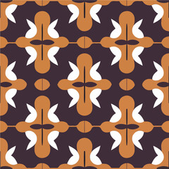 Abstract and elegant art deco pattern, characterized by a repeating fabric design on a black background. The orange and white elements create a visually appealing contrast.