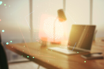 Multi exposure of creative fingerprint hologram on laptop background, personal biometric data concept