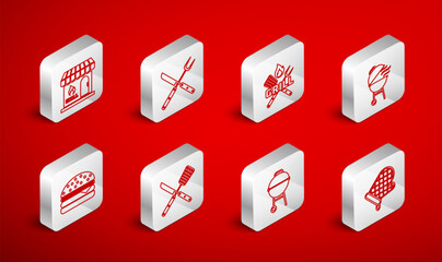 Set line Oven glove, Crossed fork and knife, spatula, Barbecue grill, shopping building, and Burger icon. Vector
