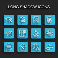 Set line Speech bubble chat, House service, Car, Wrench and gear, Route location, Office folders, Headphones with speech and Bioengineering icon. Vector