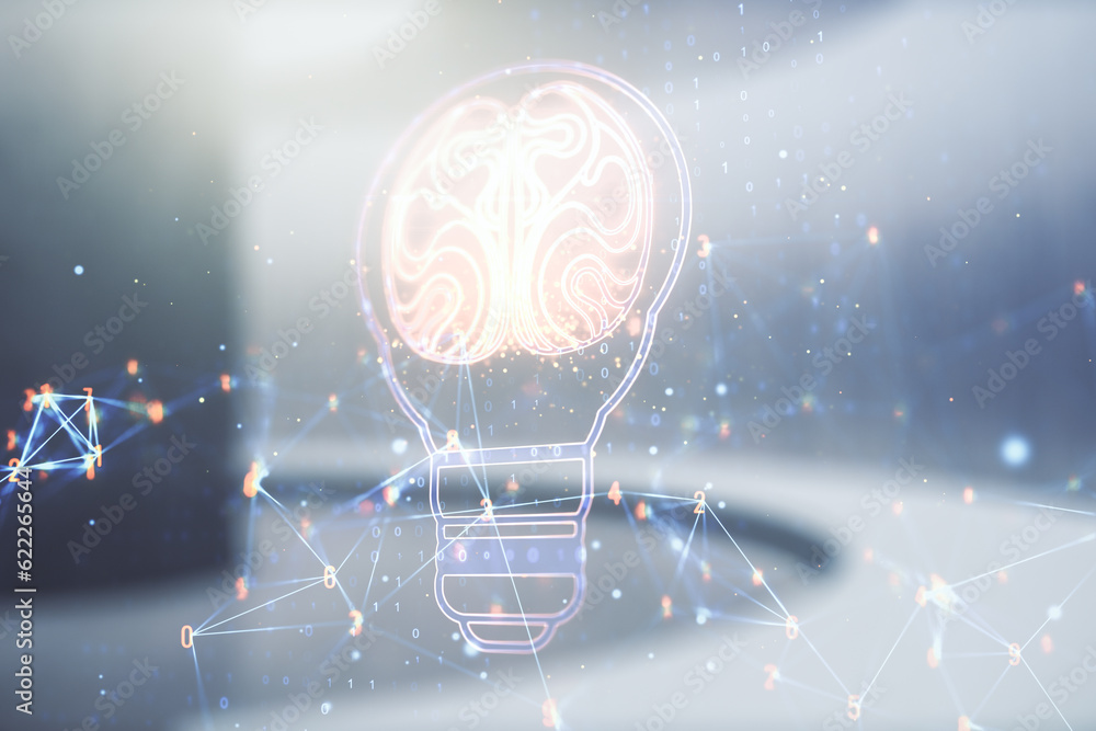 Aufkleber abstract virtual idea concept with light bulb and human brain illustration on empty corporate office