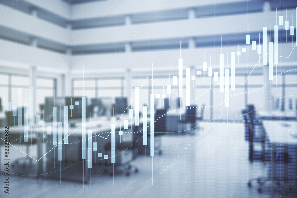 Poster multi exposure of virtual abstract financial graph interface on a modern furnished classroom backgro