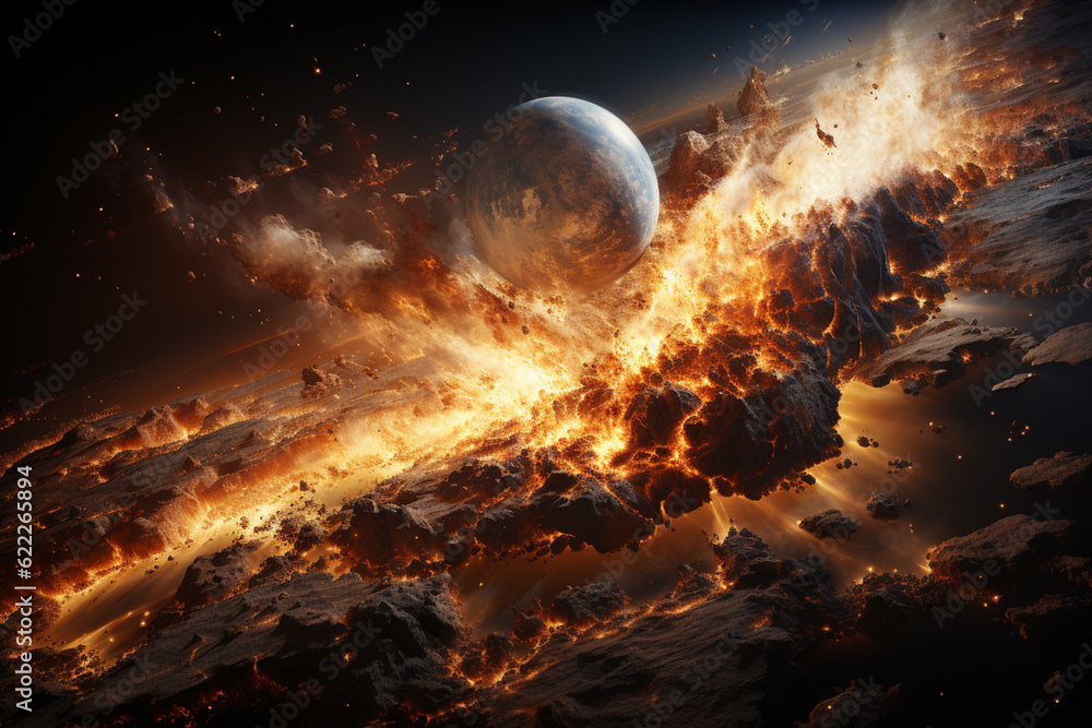 Poster a dramatic scene of an incoming asteroid, with flames and smoke engulfing the sky, foretelling the e