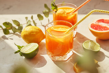 Summer non alcoholic refreshing citrus cocktail with grapefruit, orange, lemon and lime. Detox...