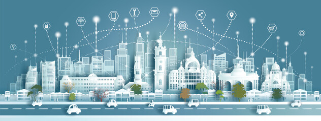 Technology wireless network communication smart city with architecture landmarks Belgium.