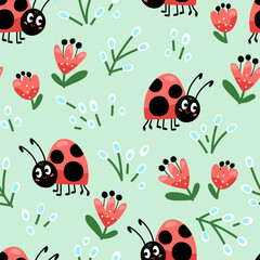 Obraz na płótnie Canvas Ladybugs and flowers seamless pattern