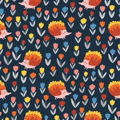 Hedgehog and flowers seamless pattern