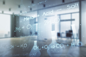 Double exposure of abstract virtual chemistry hologram on modern corporate office background, research and development concept