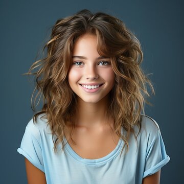 Portrait of a smiling beautiful teen girl with curly hair on blue background. Happy teenage girl with a smile in a blue shirt with long wavy hair. Cheerful white female teen with shiny white teeth.